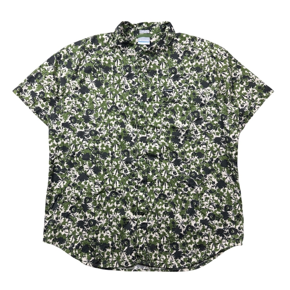 Columbia Mens XL Button Down Shirt Green Floral Abstract Short Sleeve Outdoors